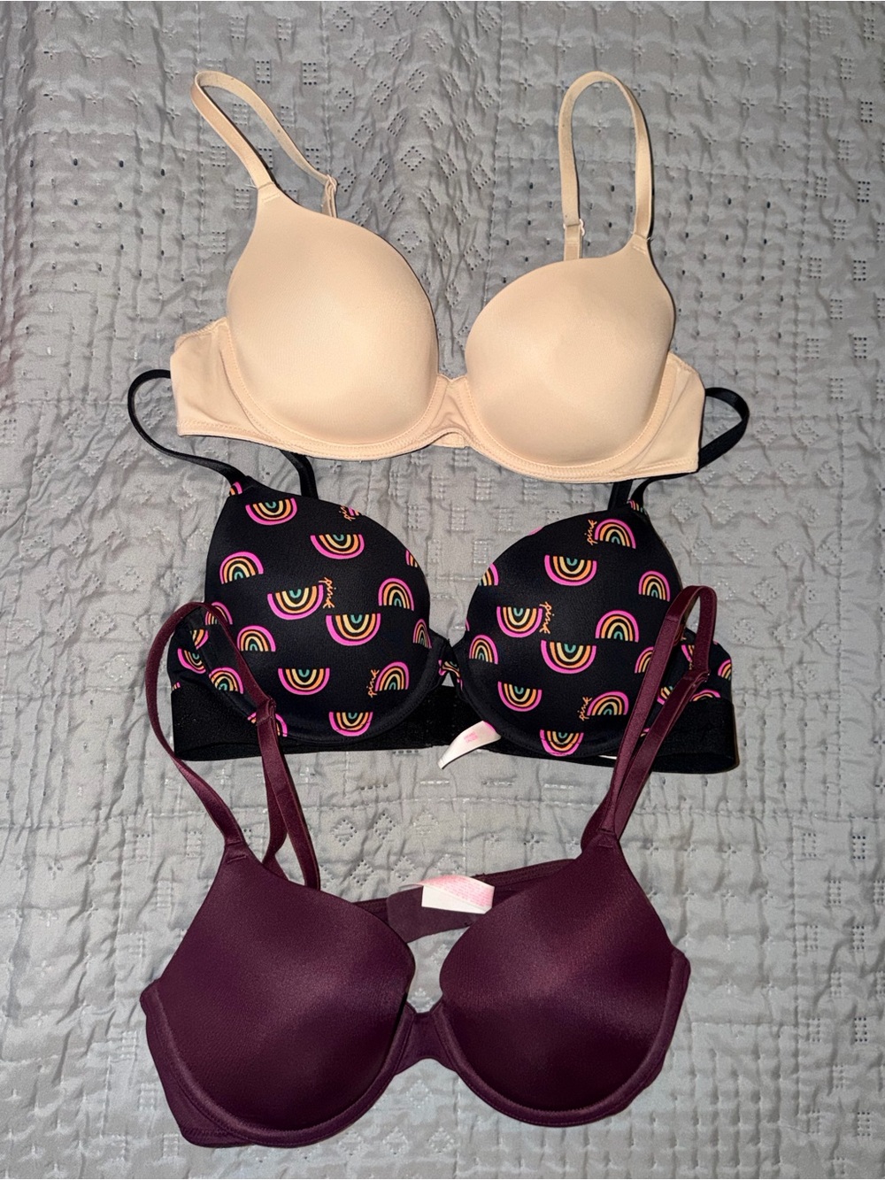 3- VS PINK Women’s T-Shirt Bras – Nude, Black Rainbow Print, and Burgundy - 36B